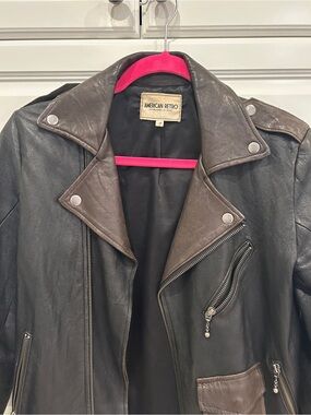 American Retro Black Leather Biker Jacket with Brown Accents